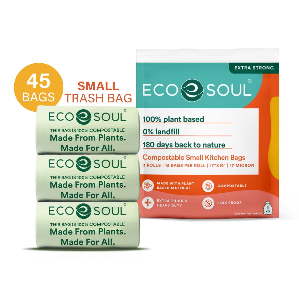 ECO SOUL [17 inch x 19 inch, 45 Pack] Small Compostable Trash Bags | Eco-Friendly Non OXO-Biodegradable Bags for Garbage Bins | Heavy Duty & Leak-Resistant | Home, Office & Kitchen Use (43 x 48 cm)