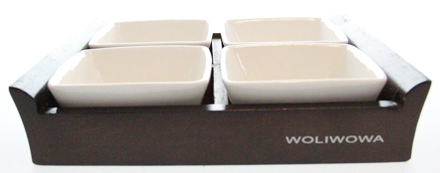 4-Piece Ceramic Party Serving Dish Set with Tray - Dark Wood Tray