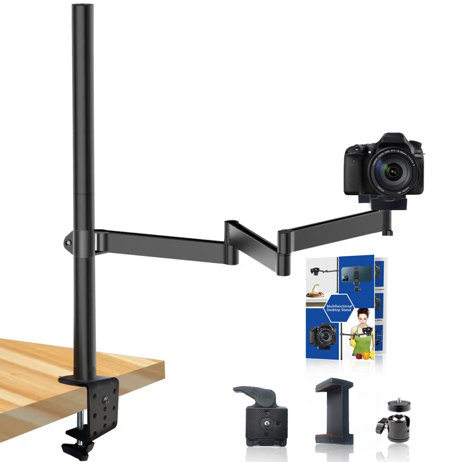 Heavy Desktop Overhead Camera Stand Holder Rig, Multi Mount, Adjustable Height and Length, with 360° Ball Head for Home and Studio