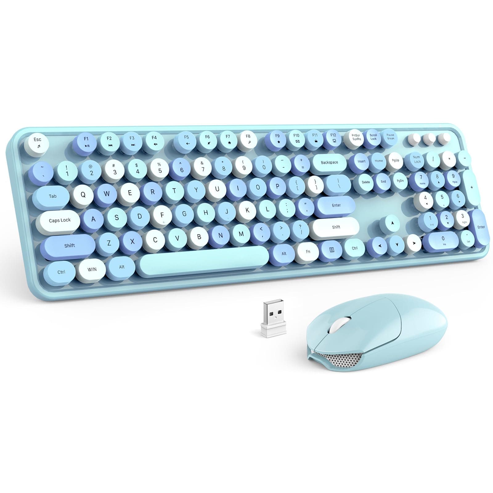 Wireless Keyboard and Mouse Combo, MOFii 2.4G Full-Sized Cute Keyboard with Number Pad and Colorful Retro Typewriter Round Keys, for PC Desktop Computer Windows.