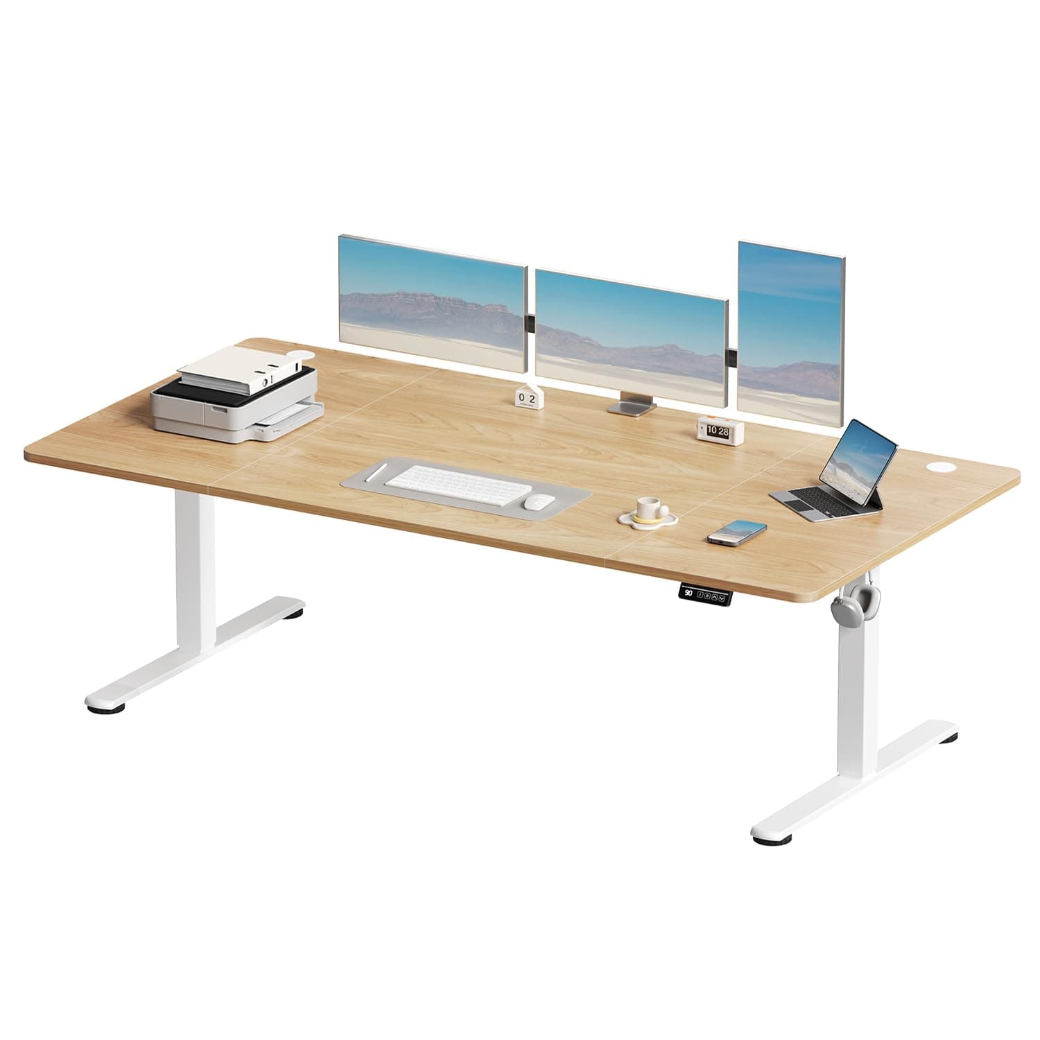 Devoko Electric Standing Desk 160x80cm, Height Adjustable Desk Ergonomic Stand up Desk with 2 Memory Preset, Beige
