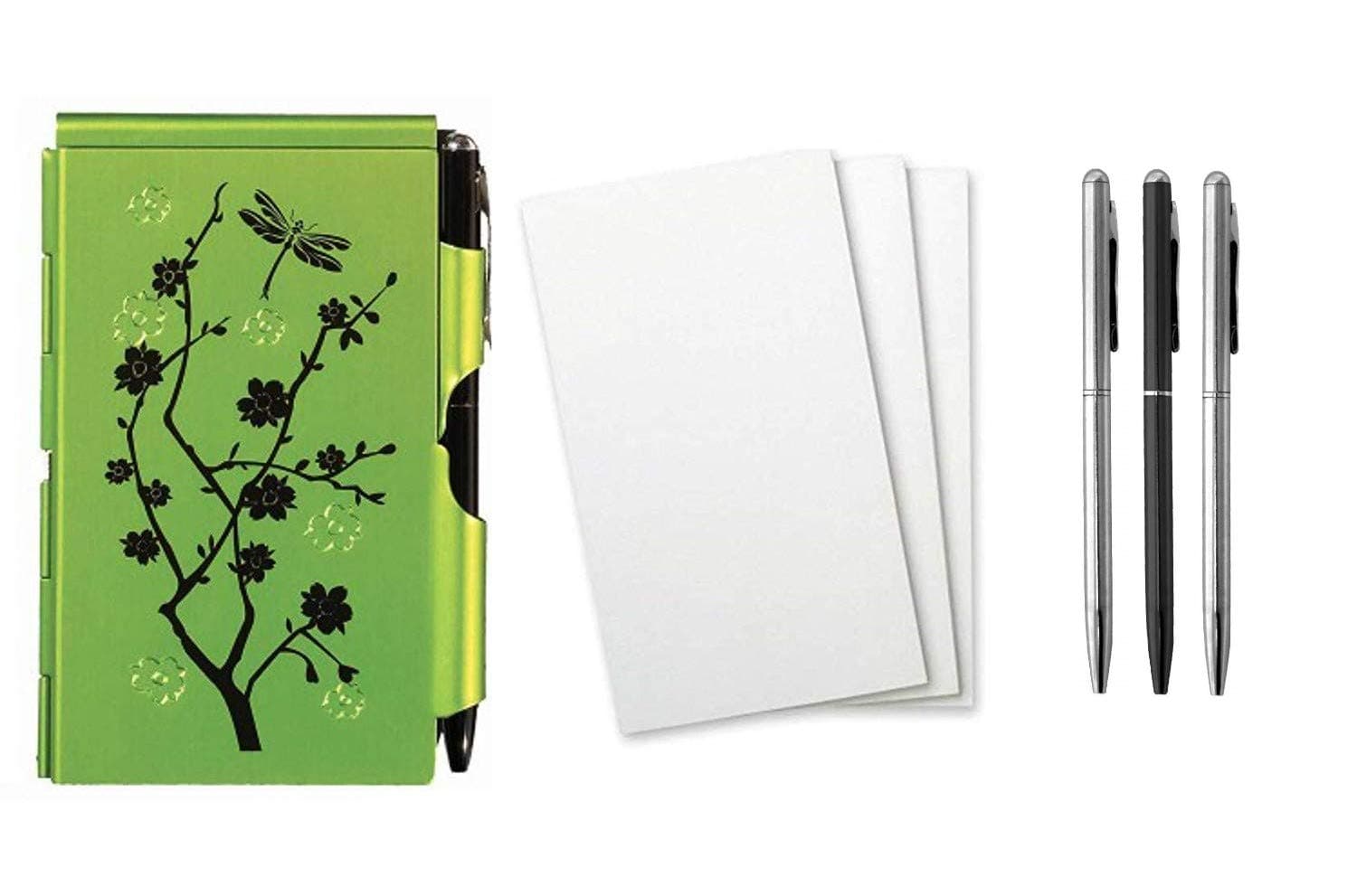 Wellspring Flip Note Notepad Set: Lime Blossoms Flip Note, 3 Flip Note Refill Pads and a 3 Mini Pen Refill
