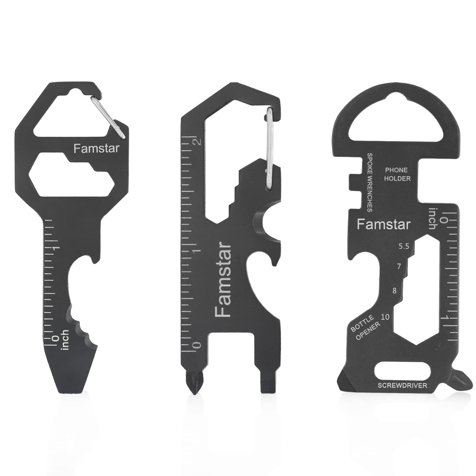 Famstar Keychain Multi-tool 3Pack Metal Pocket Tool Portable No rust Wrench for Screw,ruler and bottle opener,19 in 1 Total Routine maintenance.