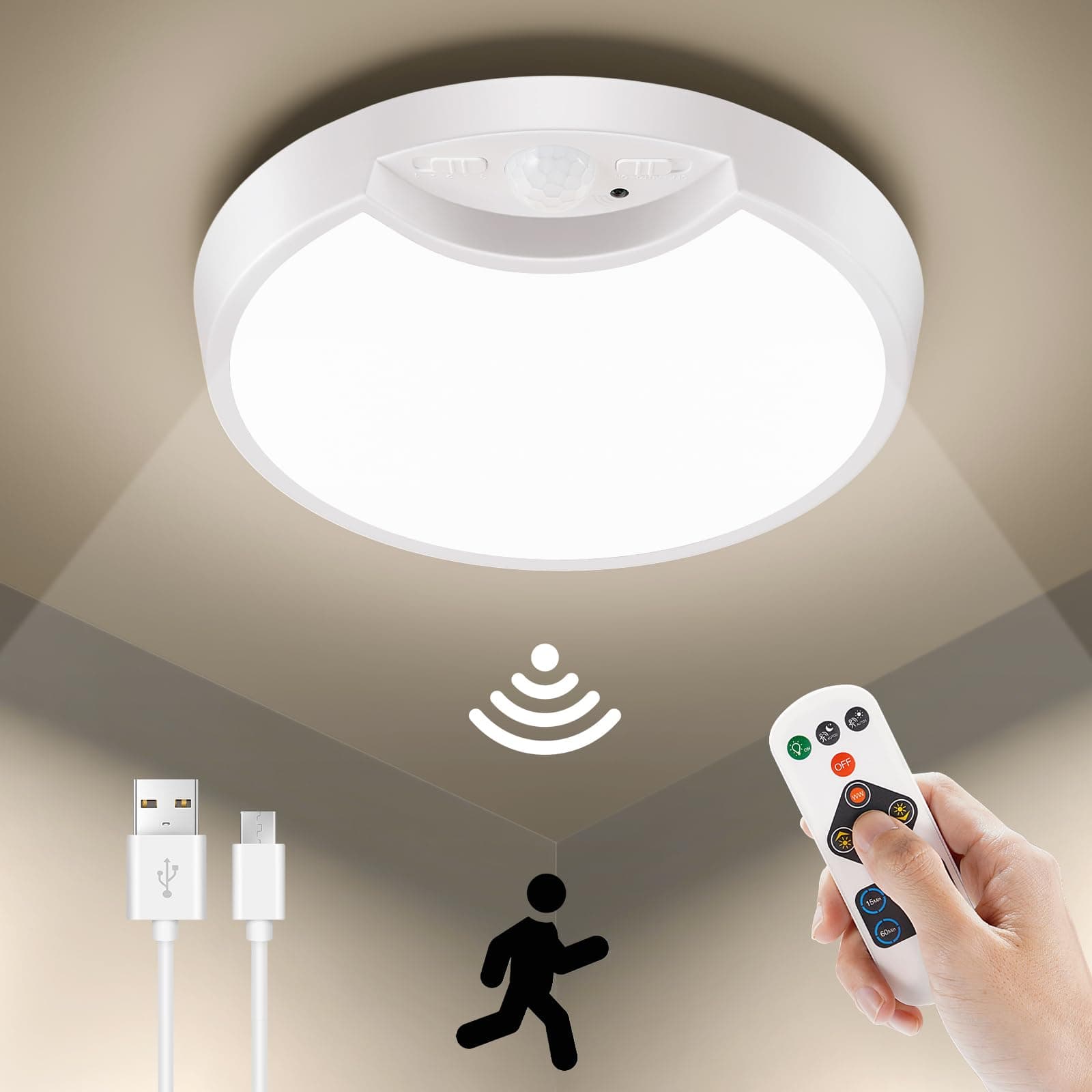 Motion Sensor Light Indoor with Remote, 7.5 Inch 6000mAh Wireless Battery Operated Ceiling Light, LED Flush Mount Light Fixture for Stairs Shower Hallway Pantry Porch Garage 3000K/4000K/6500K