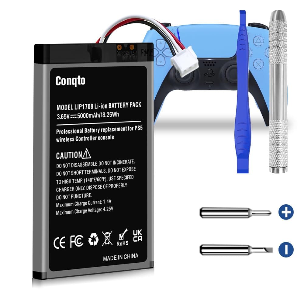 (1 Pack) Battery for PS5 Controller, (5000mAh) 2025 Upgrade High Capacity Battery Replacement for Sony PS5 LIP1708, PlayStation 5 DualSense CFI-ZCT1W Wireless Controller with Repair Tool Kit