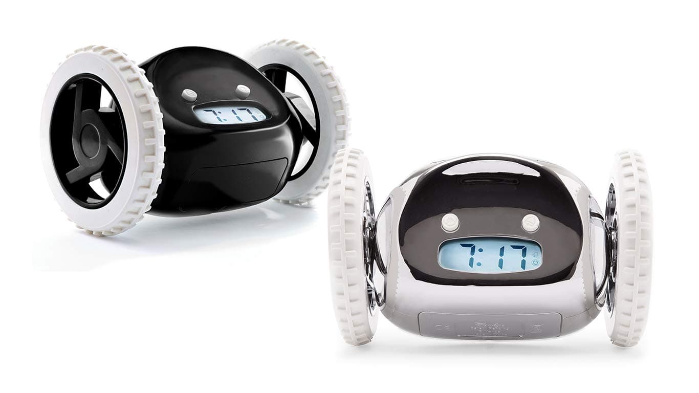 2 Alarm Clock on Wheels (Authentic) | Extra Loud for Heavy Sleeper (Adult or Kid Bed-Room) Funny, Rolling, Run-Away, Moving, Jumping (Black and Chrome)