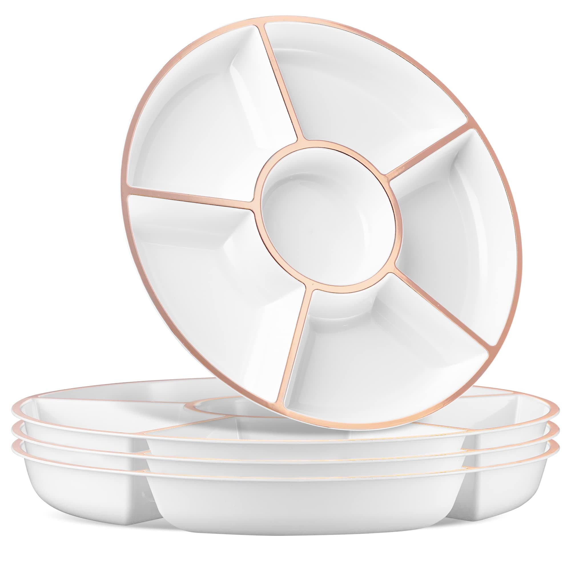 6 Sectional Round Plastic Serving Tray/Platter (8, White & Rose Gold)