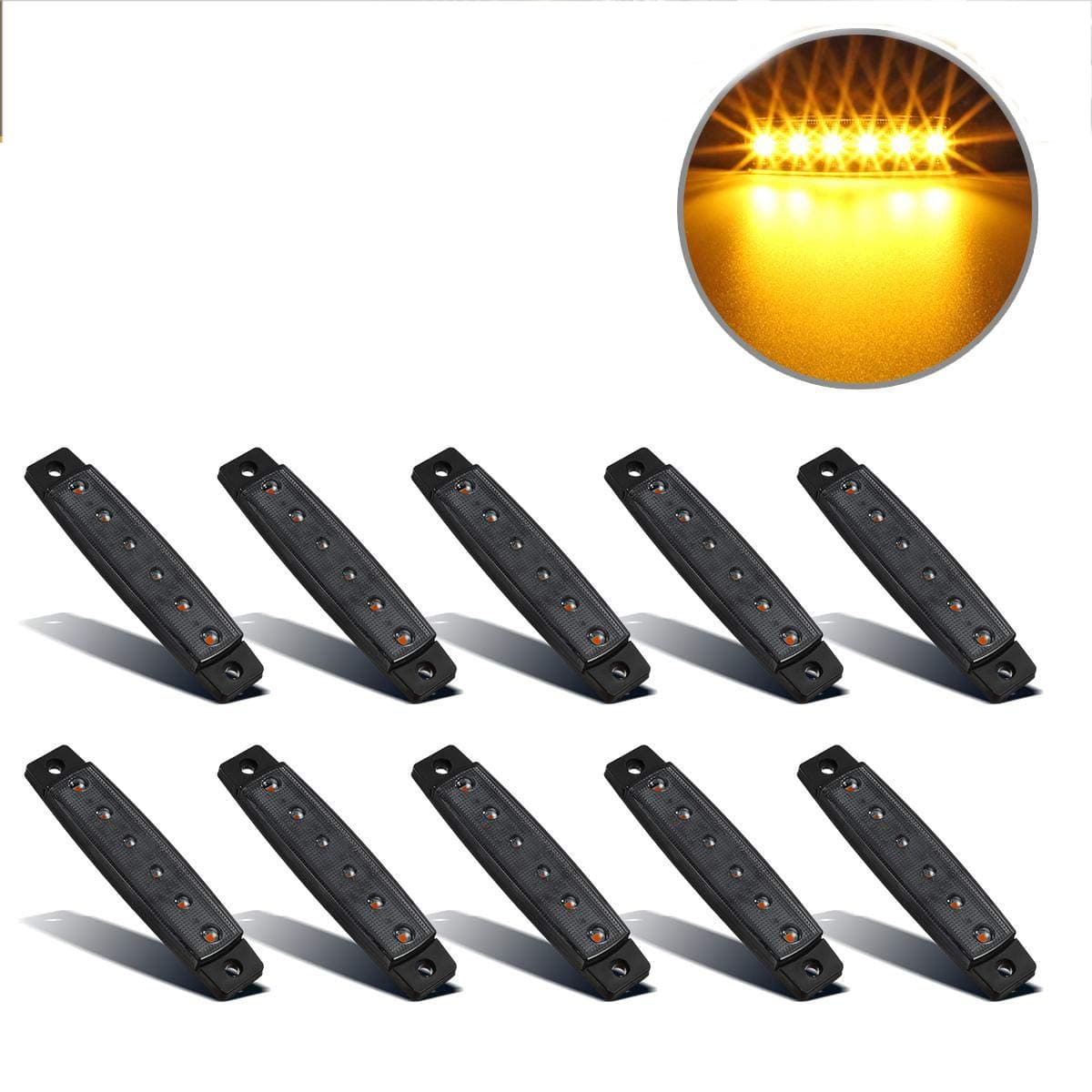 Partsam 10Pcs 3.8" Thin Amber Led Side Marker Indicator Lights 6 LED Smoke Lens Waterproof 12V Trailer Lorry Van Led Marker Lights for Trucks Sealed, Boat Marine Led Utility Strip Lights