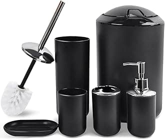 CERBIOR Bathroom Accessories Set 6 Piece Bath Ensemble Includes Soap Dispenser, Toothbrush Holder, Toothbrush Cup, Soap Dish for Decorative Countertop and Housewarming Gift (Shiny black-6pcs)