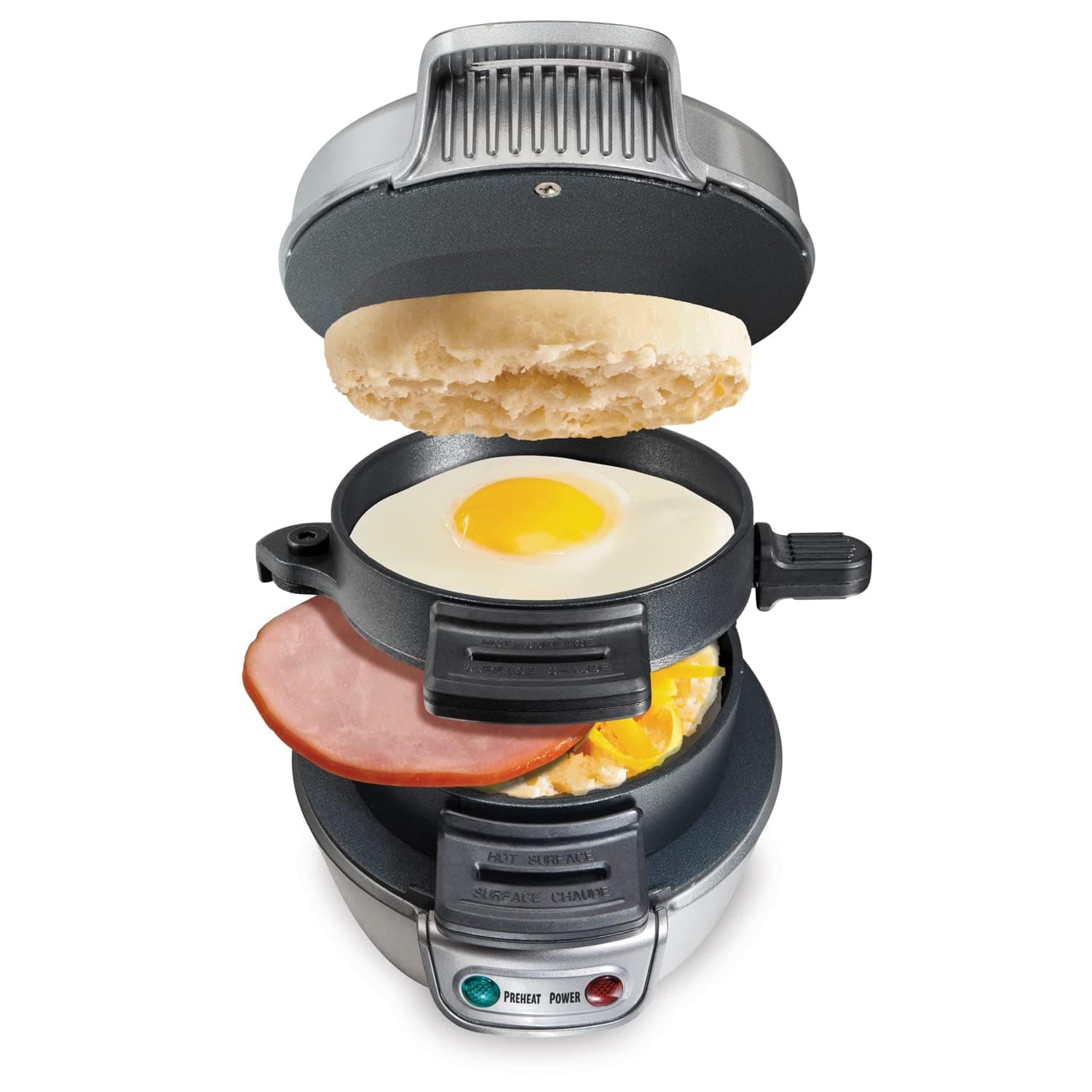 Breakfast Sandwich Maker with Egg Cooker Ring, Customize Ingredients, Perfect for English Muffins, Croissants, Mini Waffles, Perfect White Elephant Gifts, Silver (25475)