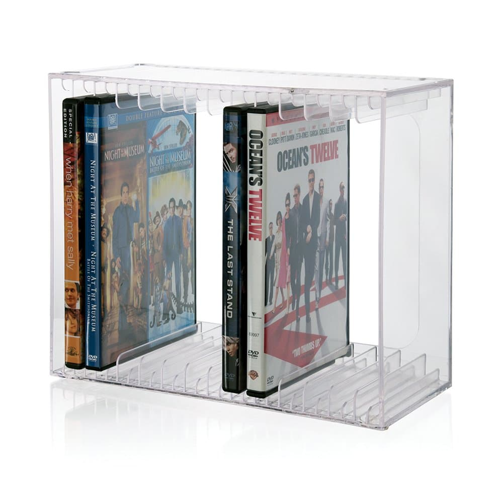 STORi Stackable Clear Plastic DVD Organizer with Rubber Feet | Rectangular Holder Perfect for Theater Room | Holds up to 14 Standard DVD Cases | Made in USA