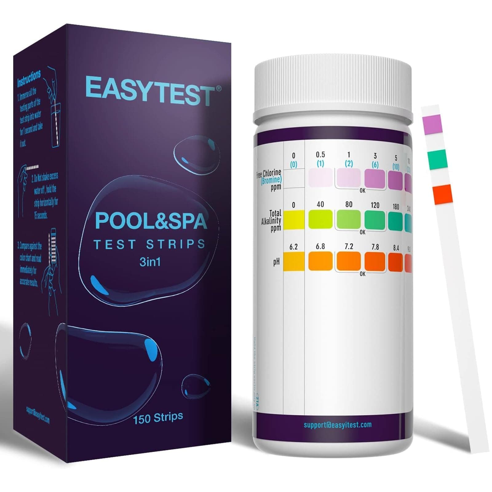 EASYTEST Pool and Spa Test Strips, 150 Strips Pack for Hot tub-Test pH,Total Alkalinity,Free Chlorine and Bromine, Accurate 3 in 1 Pool Water Testing Kit