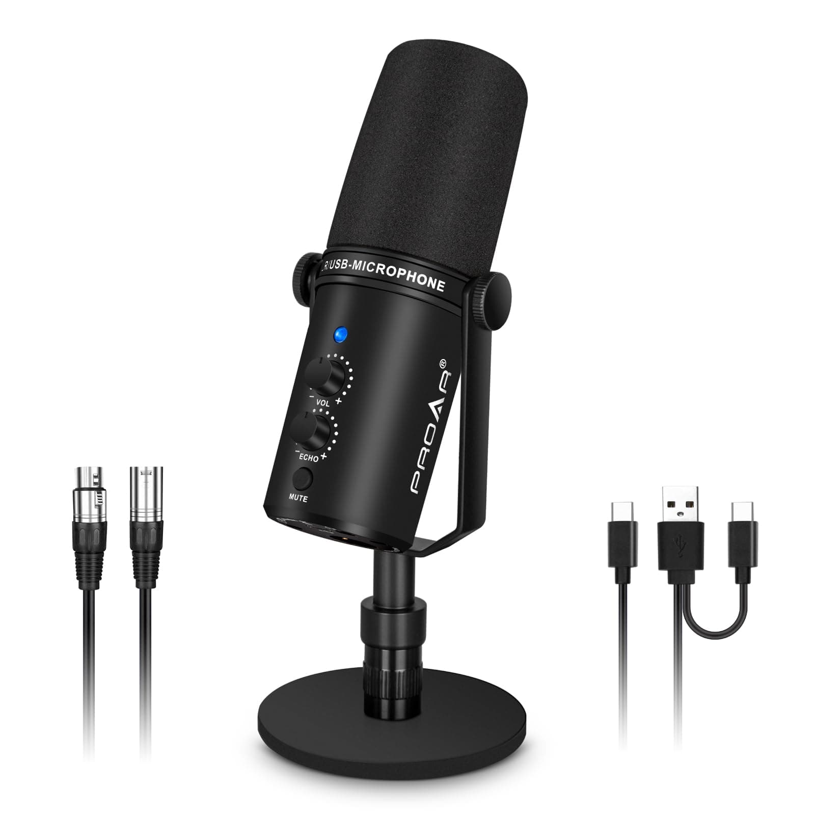 PROAR USB/XLR Podcast Dynamic Microphone Studio Microphone Kit with Volume Control Shock Mount Pop Filter Perfect for Vocal, Instrument Recording, Voice Over, Live Streaming