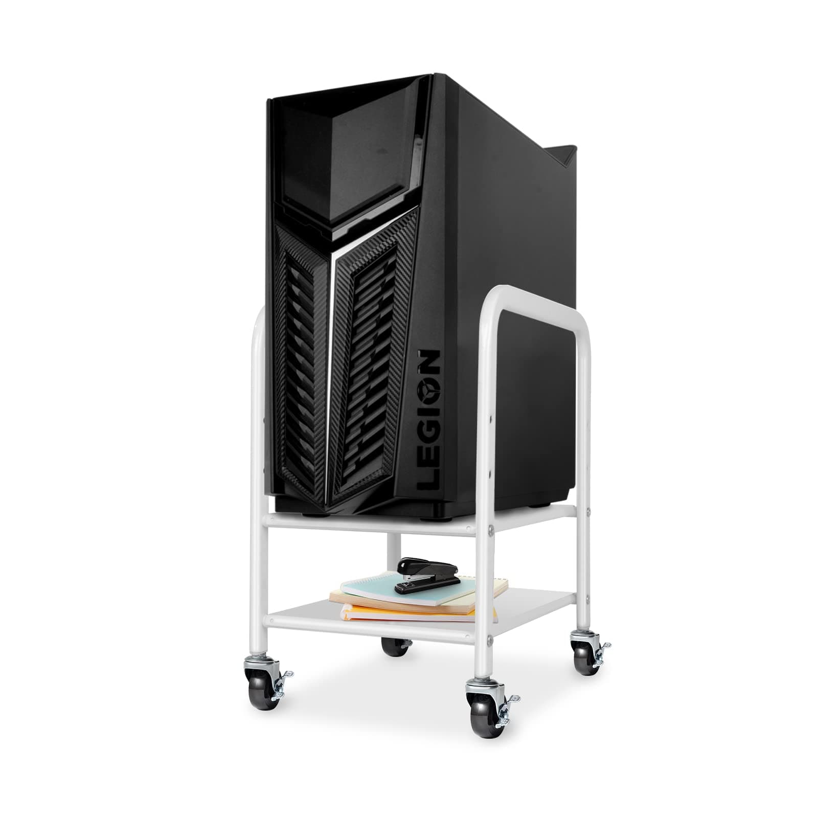 Computer Tower Stand, Desktop ATX-Case CPU Holder, 2-Tier Adjustable Steel Rolling Stand for ATX-Case Under 8.6" Wide, Mobile Tower Case Stand Cart with Locking Caster Wheels for Office Home, White