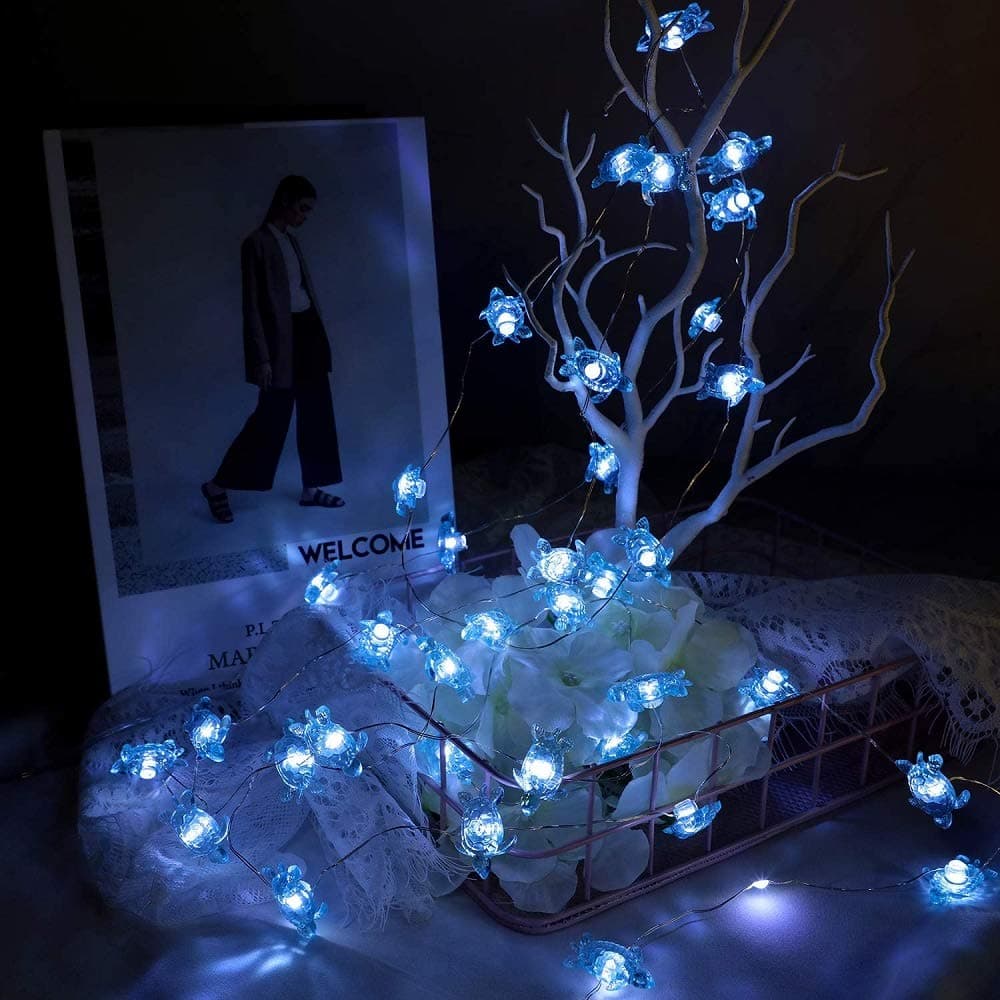Turtle Decorative String Lights 13.1 Ft 40 Warm White LED Waterproof Battery Operated 8 Modes Bee Fairy Lights for Holiday Parties Bedrooms Weddings Gardens with Remote and Timer (Blue-turtle)
