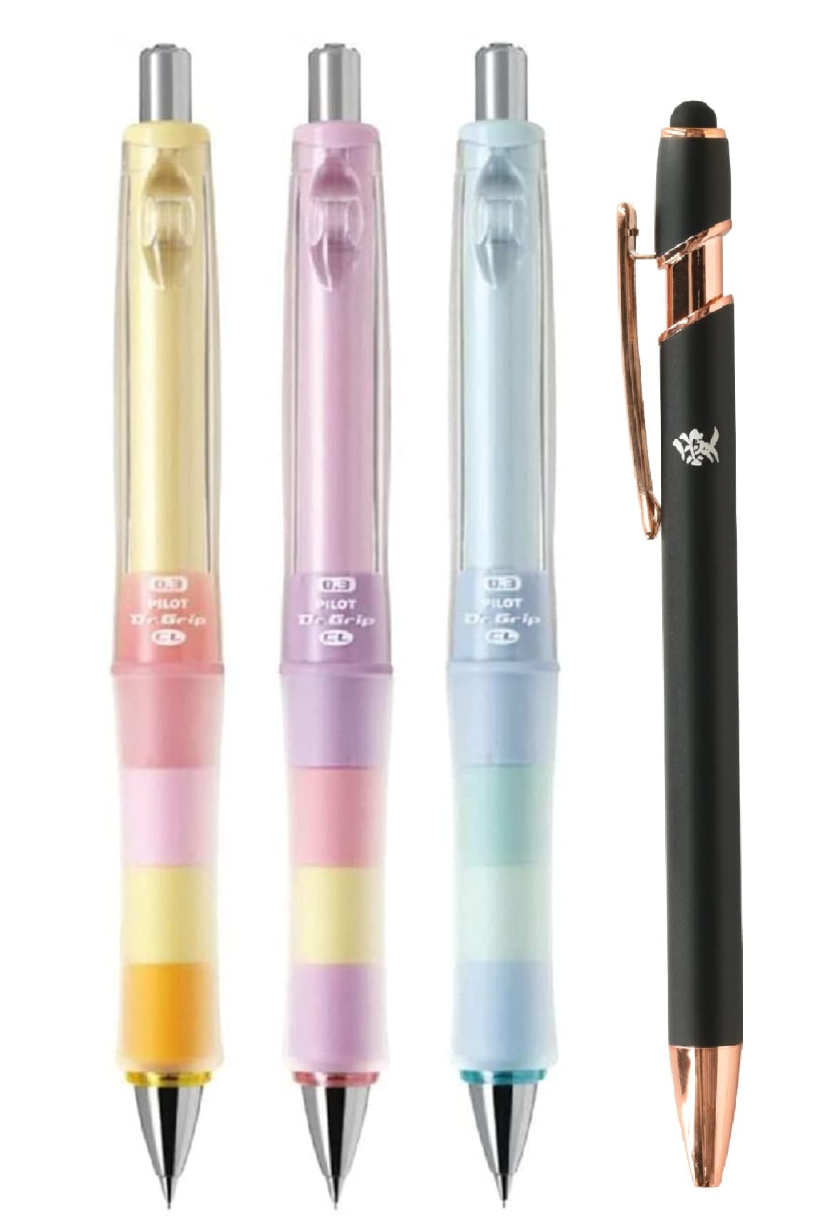 Mechanical Pencil Dr. Grip CL Play Boader 0.3mm Pastel Color Body 3 Packs With Kanji LOVE Sticker, Pastel yellow, Pastel pink, Pastel blue, 0.55 x 5.59 x0.55 in (HDGCL50R3)