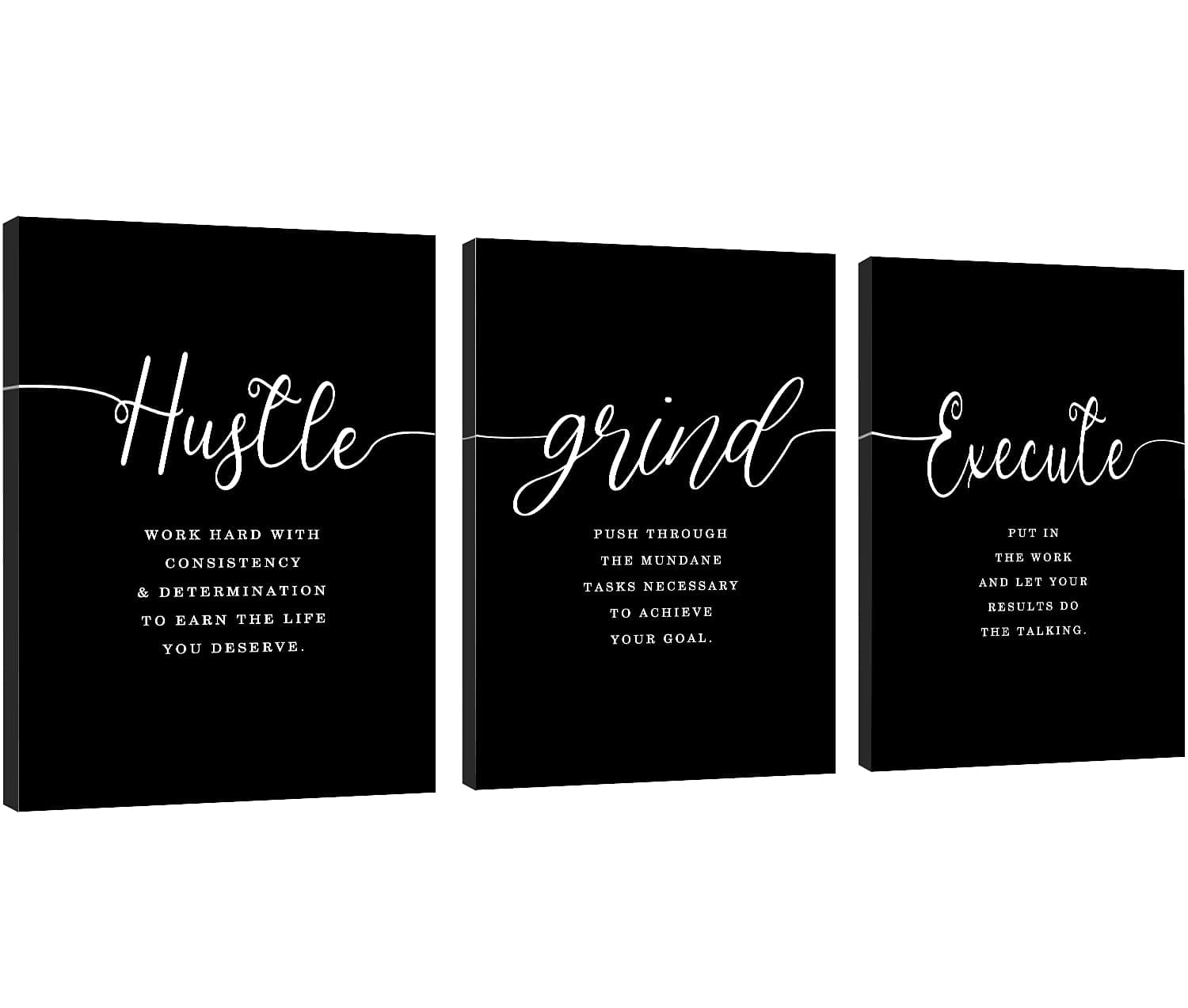 EPHANY Hustle Quotes Execute Prints, Framed Canvas Wall Art Grind Quote, Office Wall Art, Black Large Poster, Positive Motivational Set of 3 Prints, Inspirational Print (F-3pcs,12x16inchx3pcs)