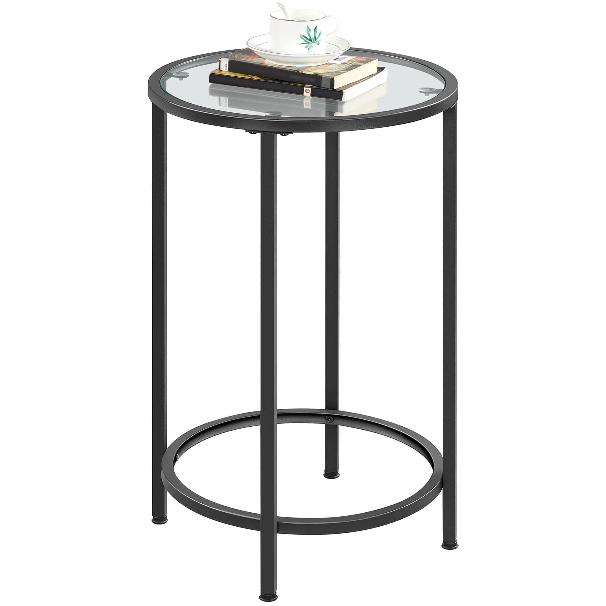 Glass End Table, Round Side Table, Small Coffee Accent Table Nightstand w/Glass Top & Metal Frame for Living Room/Balcony/Bedroom/Porch/Small Space, Modern Style, Black