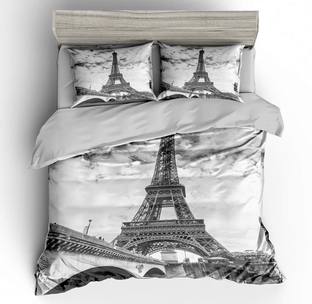 Twin Size Bedding Sets Paris Memory Eiffel Tower,3 Piece Duvet Cover Sets with Pillow Shams for Teens Boys Girls,NO Comforter