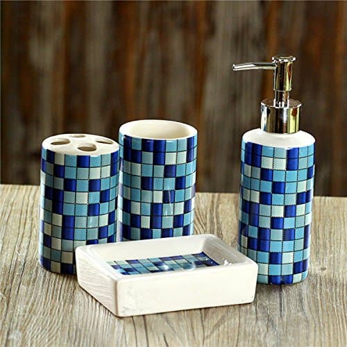 USTARAIL 4 Piece Bath Ensemble, Bath Set Collection Features Soap Dispenser Pump, Toothbrush Holder, Tumbler, Soap Dish Bathroom Accessories Sets - Colorful Mosaic Tile Pattern