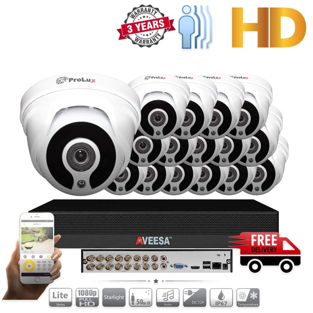 1080p CCTV Home Security System Camera 4K Resolution 16CH DVR NVR XVR (2TB) Hard Drive with (16) ProluX Outdoor 2.4 Megapixels 25M IR Night Vision Surveillance Support 4x IP 5MP Camera 16 Channel