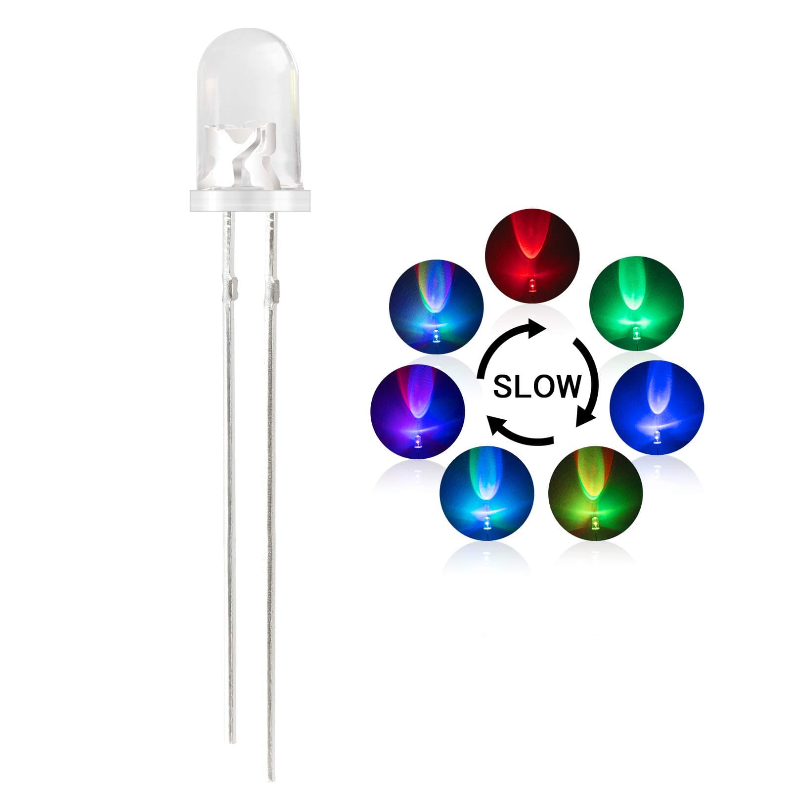 DiCUNO 100pcs 5mm RGB Multicolor Slow Blinking LED Diode, Multi Color Changing 2 Pin Super Bright Light Emitting LED Diodes Clear Round Lens Diffused Flicker LED