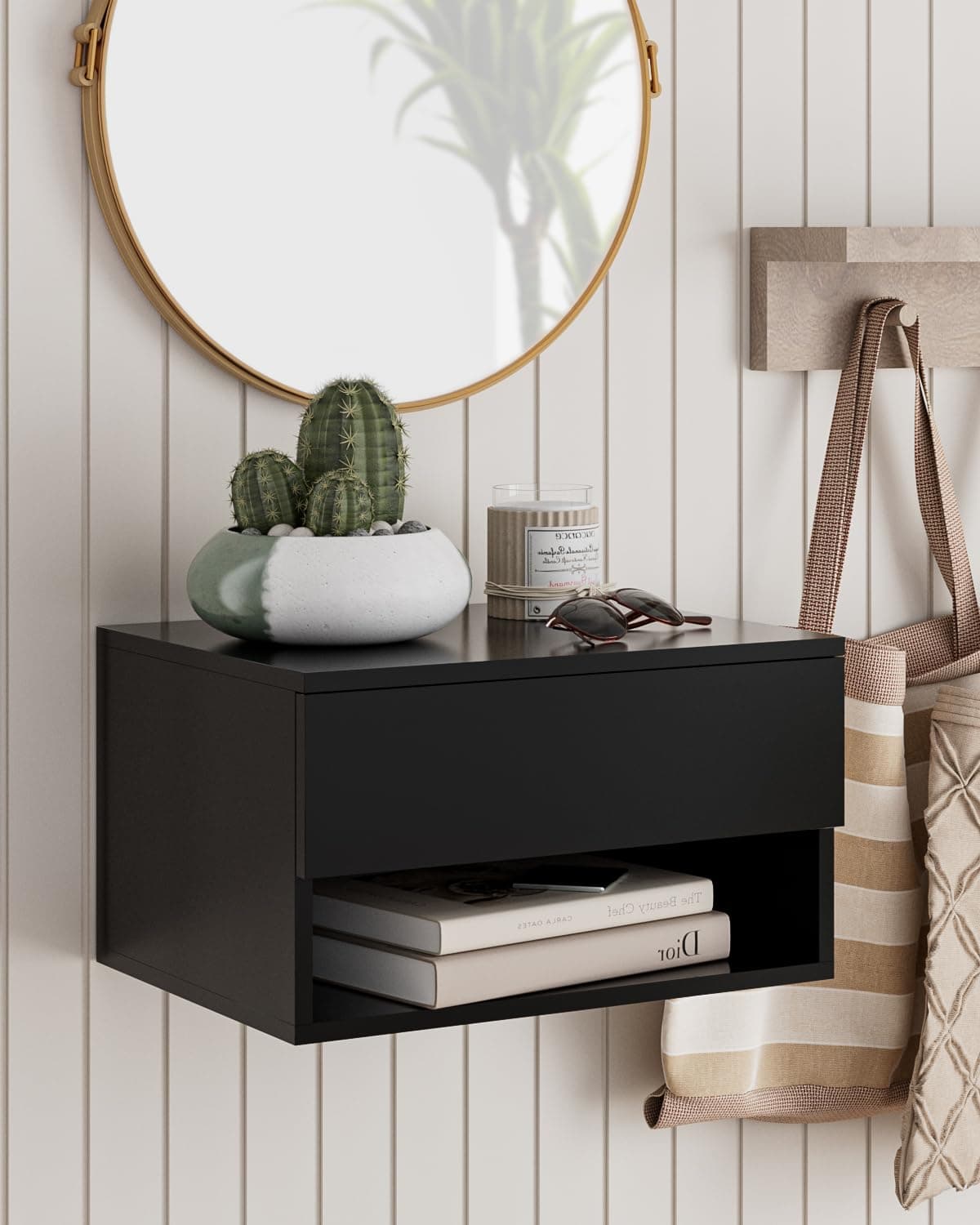 Floating Nightstand, Small Modern Floating Nightstand with Drawer, Floating Shelves for Bedroom, Bathroom (Black)