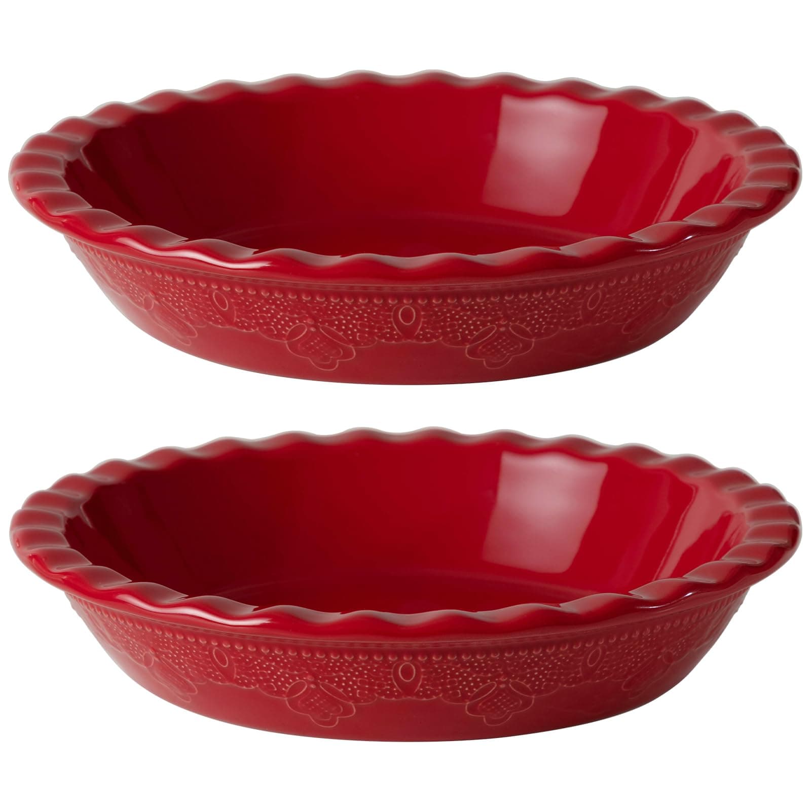 Fun Elements Pie Pan, 9 Inch Ceramic Pie Dish, Deep Dish Pie Pan with Lace Emboss, Ruffled Pie Plate for Baking, Thanksgiving Christmas Gifts, Set of 2, Red