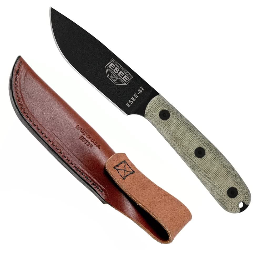 ESEE Knives ESEE-4HM-B, Esee-4, Plain Edge, Modified Micarta Handles, Brown Leather Sheath
