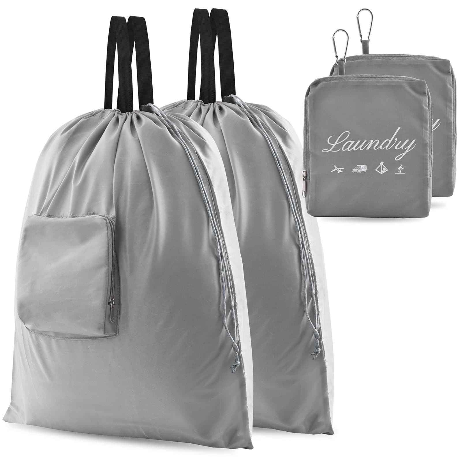 2 Pcs Travel Laundry Bags, JHX Dirty Clothes Organizer【Upgraded】with Handles and Aluminum Carabiner, Collapsible Laundry Bag for Travel, Camp, Fitness, and Students（Grey） 24"L x 21"W