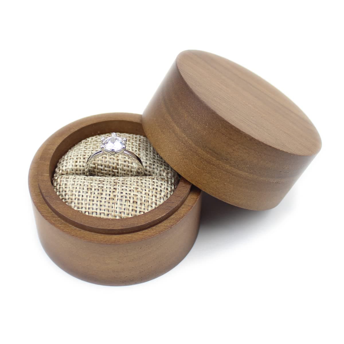 Rustic Walnut Wooden Engagement Ring Box, Solid Wood Round Ring Box for Proposal Wedding Ring Storage