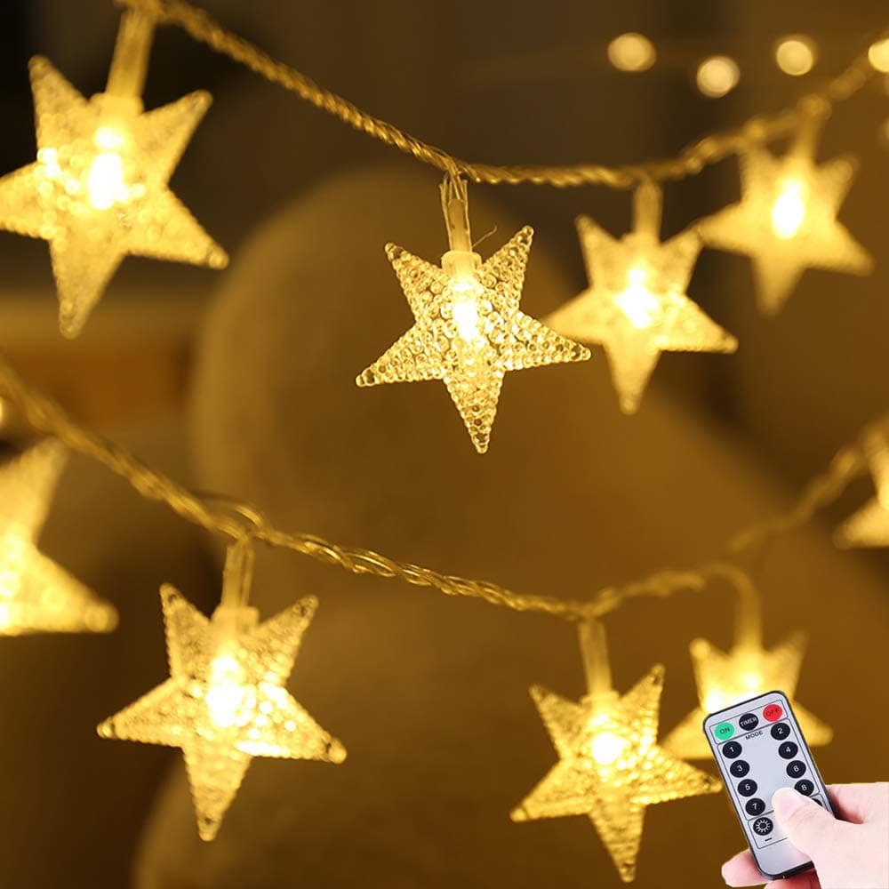 HUGSVIK Battery Operated Star Lights for Bedroom, 50 LED 8 Modes Waterproof Christmas Lights for Bedroom Christmas Wedding Classroom Canopy Playhouse Camping Awning