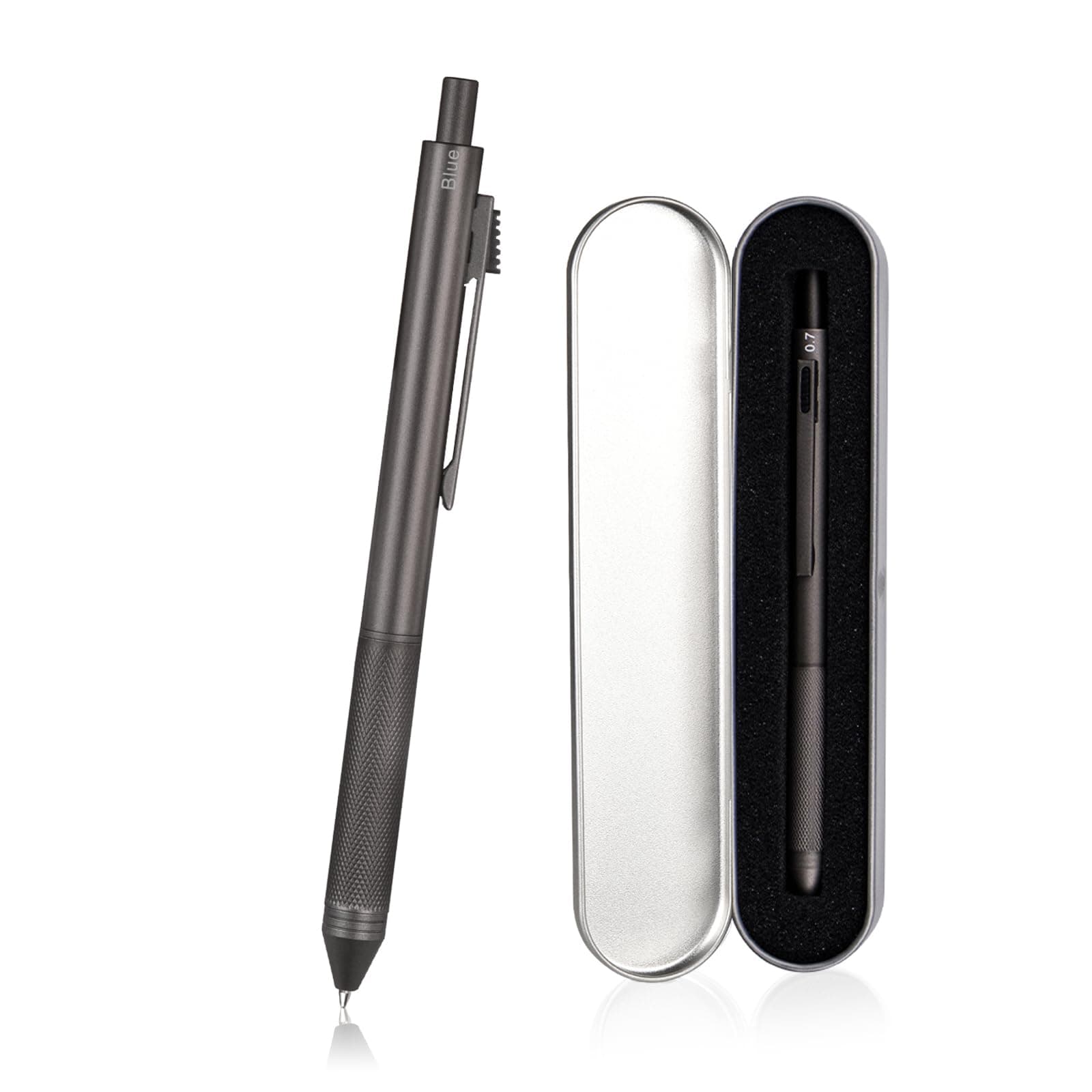 smttw 4 in1 Multi-Function Refillable & Retractable Ballpoint Pen + 0.7mm Mechanical Pencil, Fine Point, Grey Metal Barrel, With Black/Red/Blue Inks Color Code, Multicolor Pen With Metal Gift Box