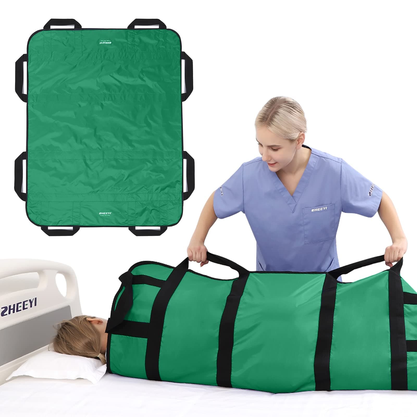 Multipurpose 48" x 40" Positioning Bed Pad with Reinforced Handles - Reusable & Washable Patient Sheet for Turning, Lifting & Repositioning - Double-Sided Nylon Fabric, Green