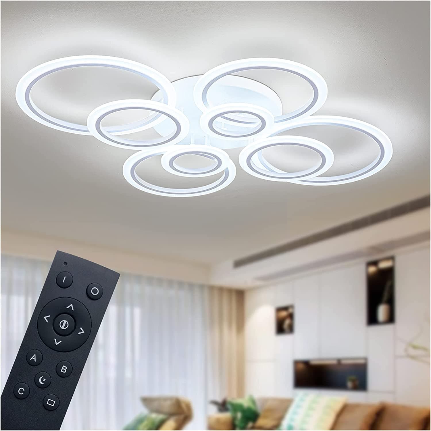 Shine LUEST Modern LED Ceiling Light, Dimmable LED Chandelier Flush Mount Ceiling Lights, Remote Control Acrylic Ring Ceiling Lamp Fixture for Living Room Dining Room Bedroom (White, 8 Rings)