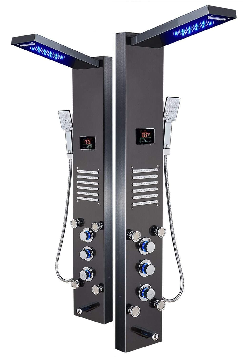 ELLO&ALLOLED Shower Panel Tower System, Hydroelectricity Display Rain Massage with Jets, Brushed Black