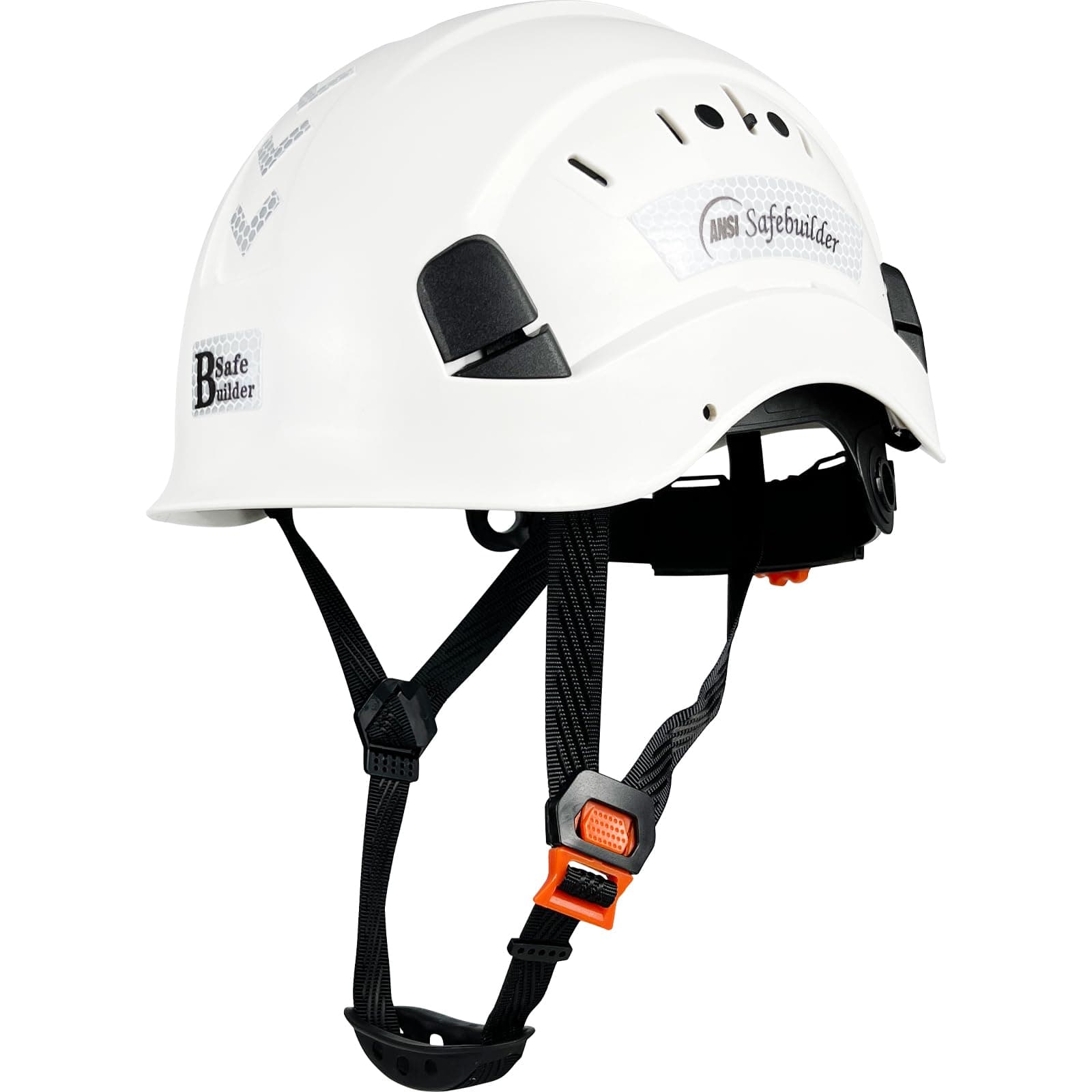 SAFEBUILDER ABS Work-at-Height and Rescue Hard Hat Construction Safety Helmet Slotted Ventilated w/Adjustable Ratchet 6-Point Suspension ANSI Z89.1-14 (01-White Safety Helmet)