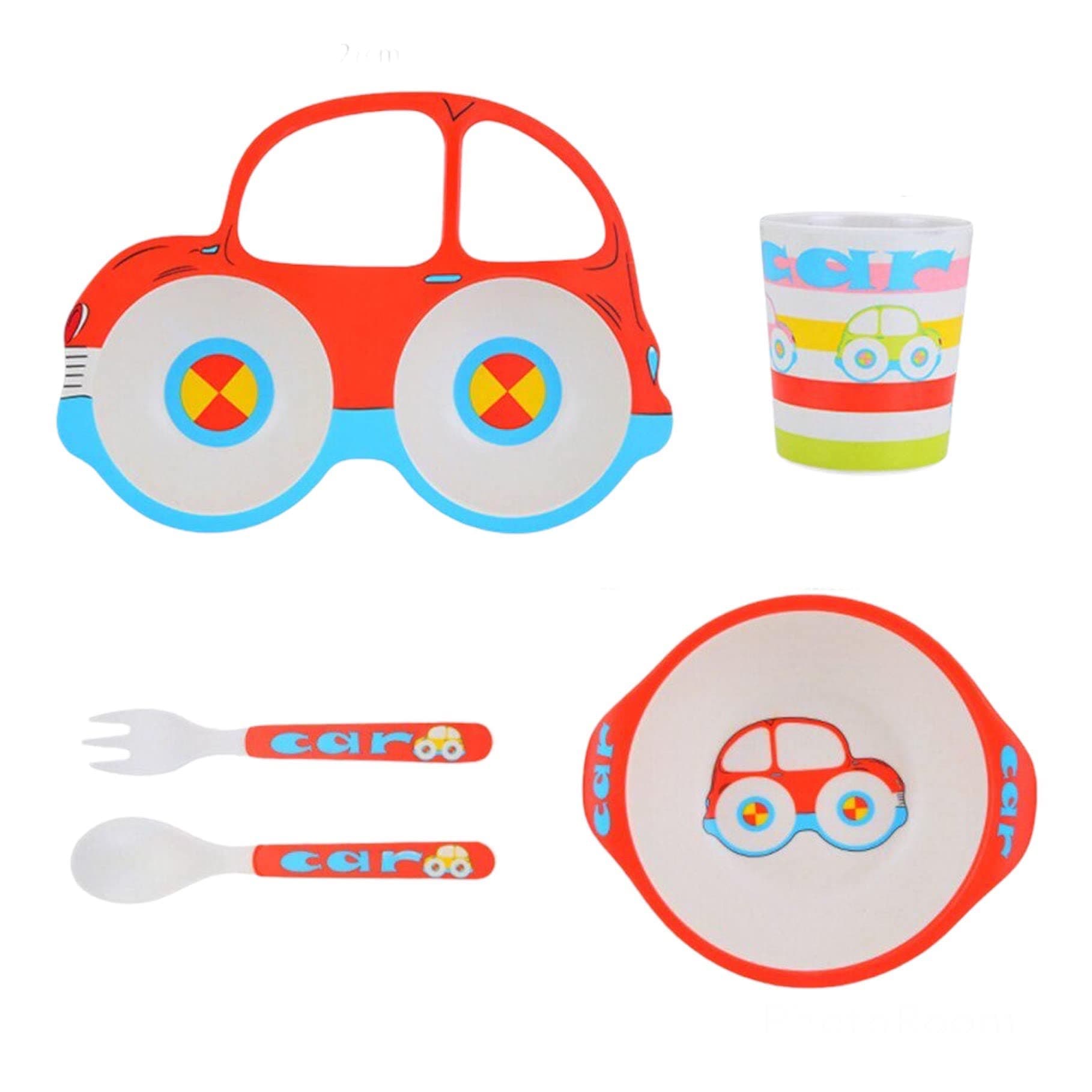 HIGHLAND 5 Pc Car Theme Kid’s Dinnerware Set – Bamboo Fiber Toddler Plate Bowl Cup Spoon and Fork Children’s Tableware Set – Divided Plate Kids Cutlery Self Feeding Set for Toddlers