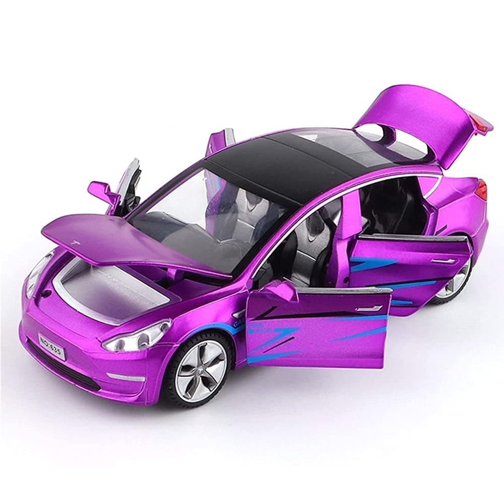 1:32 Scale Model 3 Car Toy Pull Back with Sound and Light, Alloy Diecast Mini Vehicles Toys for Kids Gift or Tesla Car Model Collection Enthusiasts Gift (Dazzling Purple)