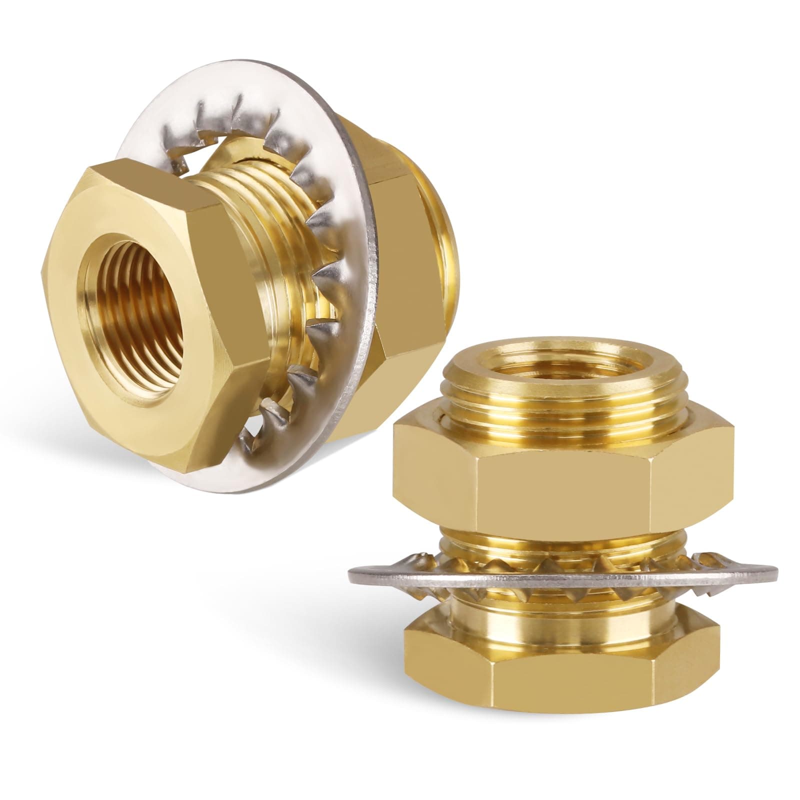 KOOTNAS 2-Pack Solid Brass Bulkhead Fittings, 3/8 NPT Taper Female 1" Straight Male Thread Brass Connector with Metal Wave Ring, 1.32" Length for Water Tank, Pipes, Faucets, Hoses, Pipe Fittings