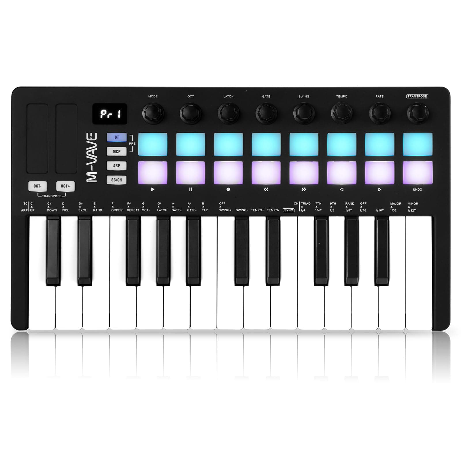 M-VAVE 25 Key USB MIDI Keyboard Controller With 16 Backlit Drum Pads, Bluetooth Semi Weighted Professional dynamic keybed 8 Knobs and Music Production,Software Included (16 Drum Black)