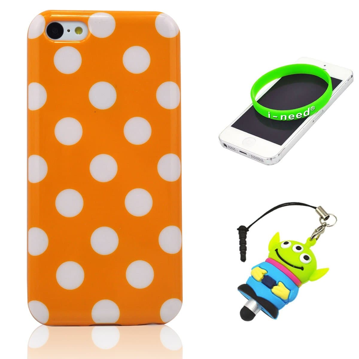 I Need(TM) Stylish White Polka Dots Pattern Orange TPU Cover Case Compatible For Apple iPhone 5C+3D Alien Stylus Pen+I-need Wristband Gift(Retail Package)