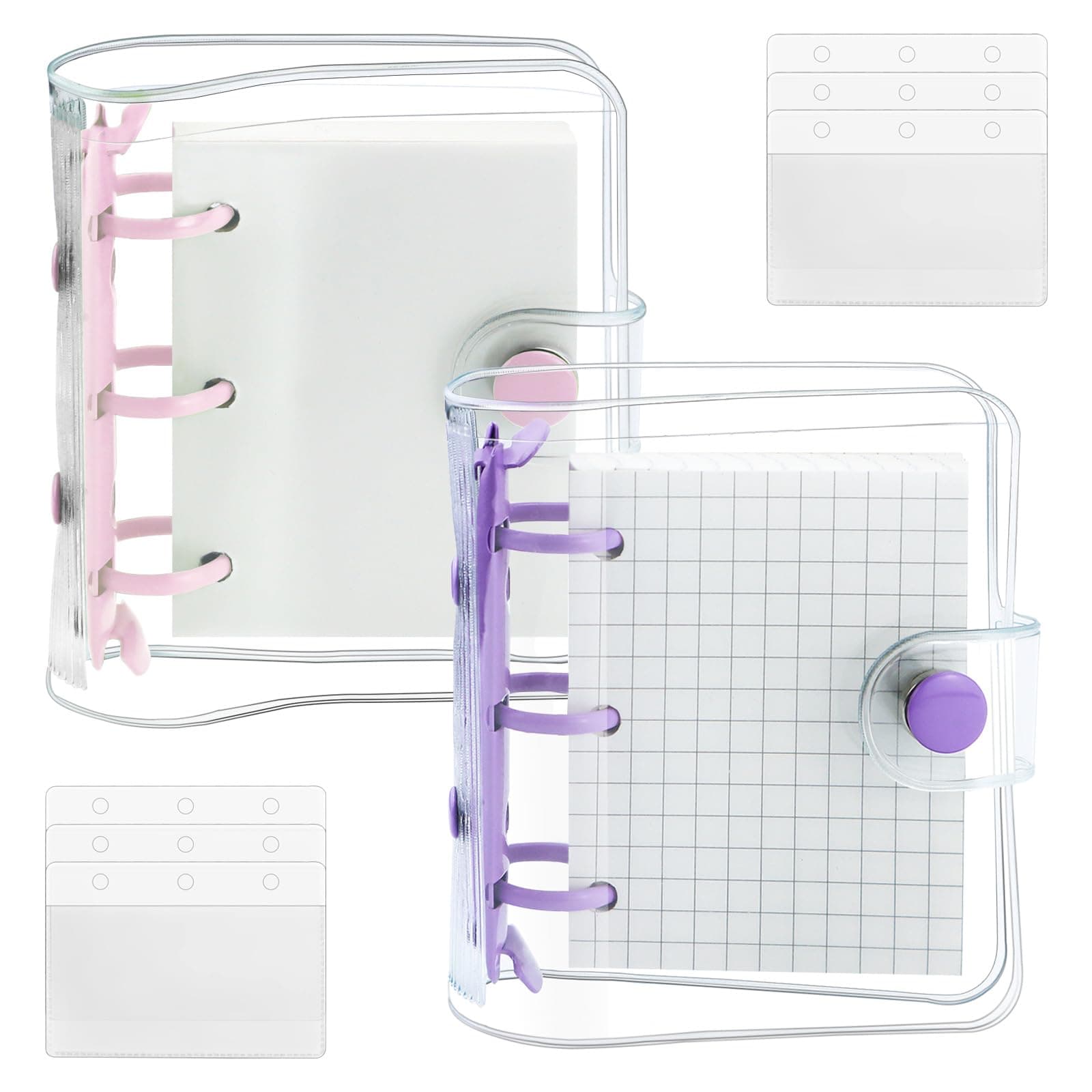 2 Pack Mini Transparent 3 Ring Binder Covers with Binder Inner Paper and Pockets, Clear Soft PVC Notebook Closure Loose Leaf Folder with Snap Button (Pink, Purple)