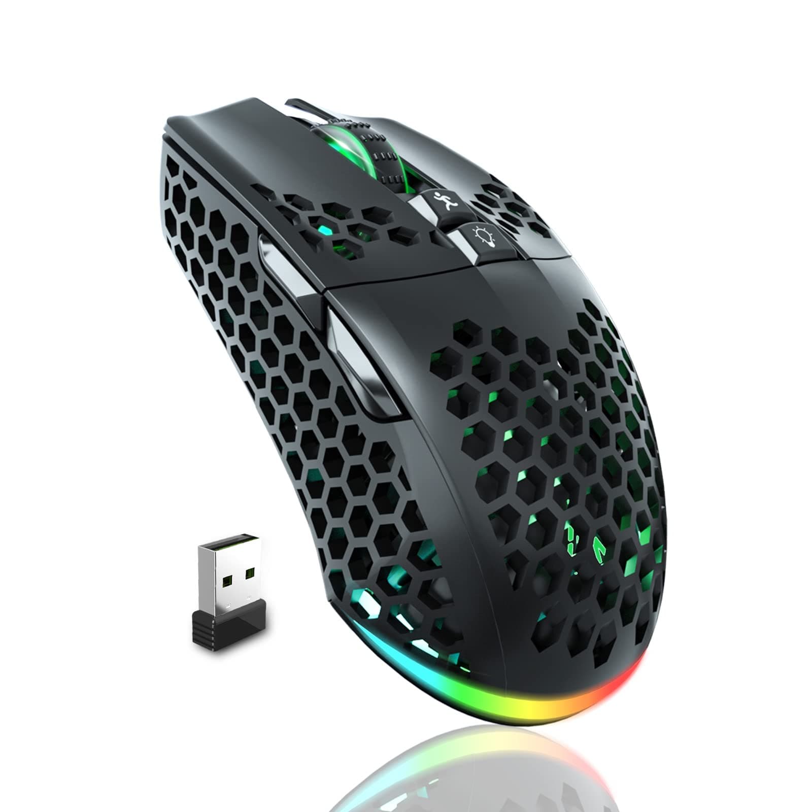 SOLAKAKA Lightweight Wireless Gaming Mouse Bluetooth with Honeycomb Shell, Side Buttons, RGB Lights, (2.4G/BT5.0) Ergonomic Optical Rechargeable Computer Mice for Windows PC/Mac - Black