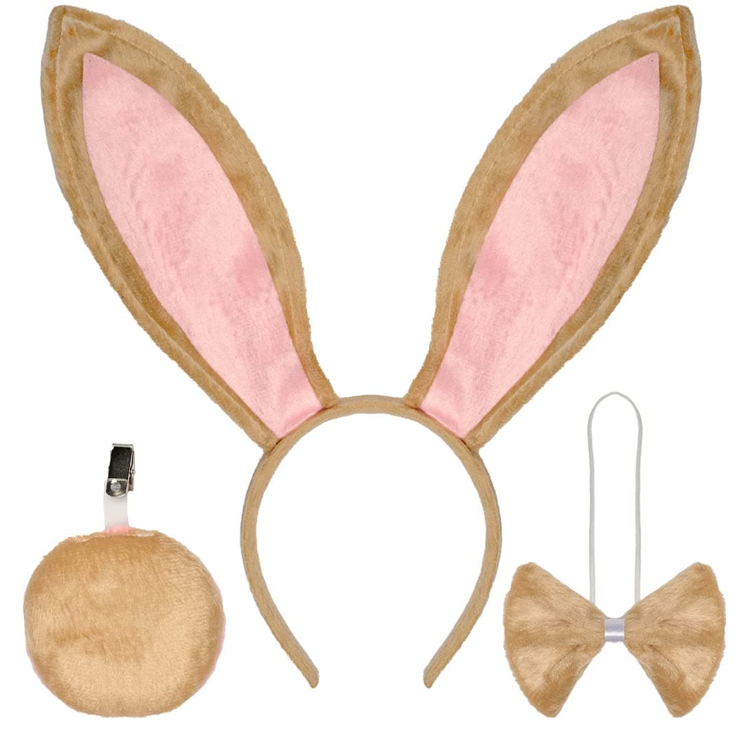 Easter Bunny Ears and Tail Set – Rabbit Costume Accessories with Bendable Ears Headband, Tail and Bowtie for Adults - Rabbit Costume on Easter Day
