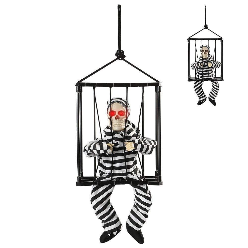 Wrightus Animated Halloween Props Scary Hanging Skull Ghost Decorations Skeleton Prisoner with Sound and Glowing Red Eyes Fanny Toys for Kids Gift Party Supply Decor