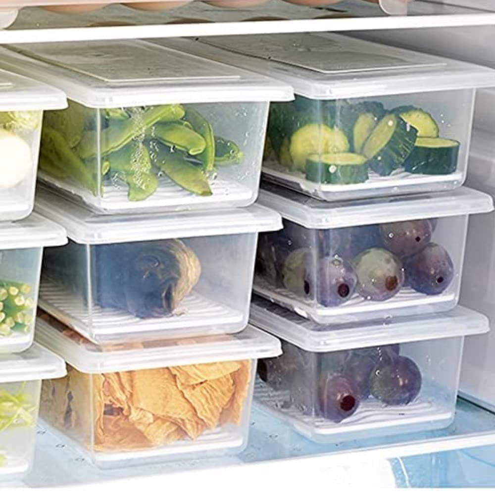 CADWOW -Plastic Fridge Storage Boxes, Fridge Organizer Case With Removable Drain Plate Stackable Fridge Storage Containers Keep Fresh For Storing Fish, Meat, Vegetables (1500Ml, Food Box Pack of6)