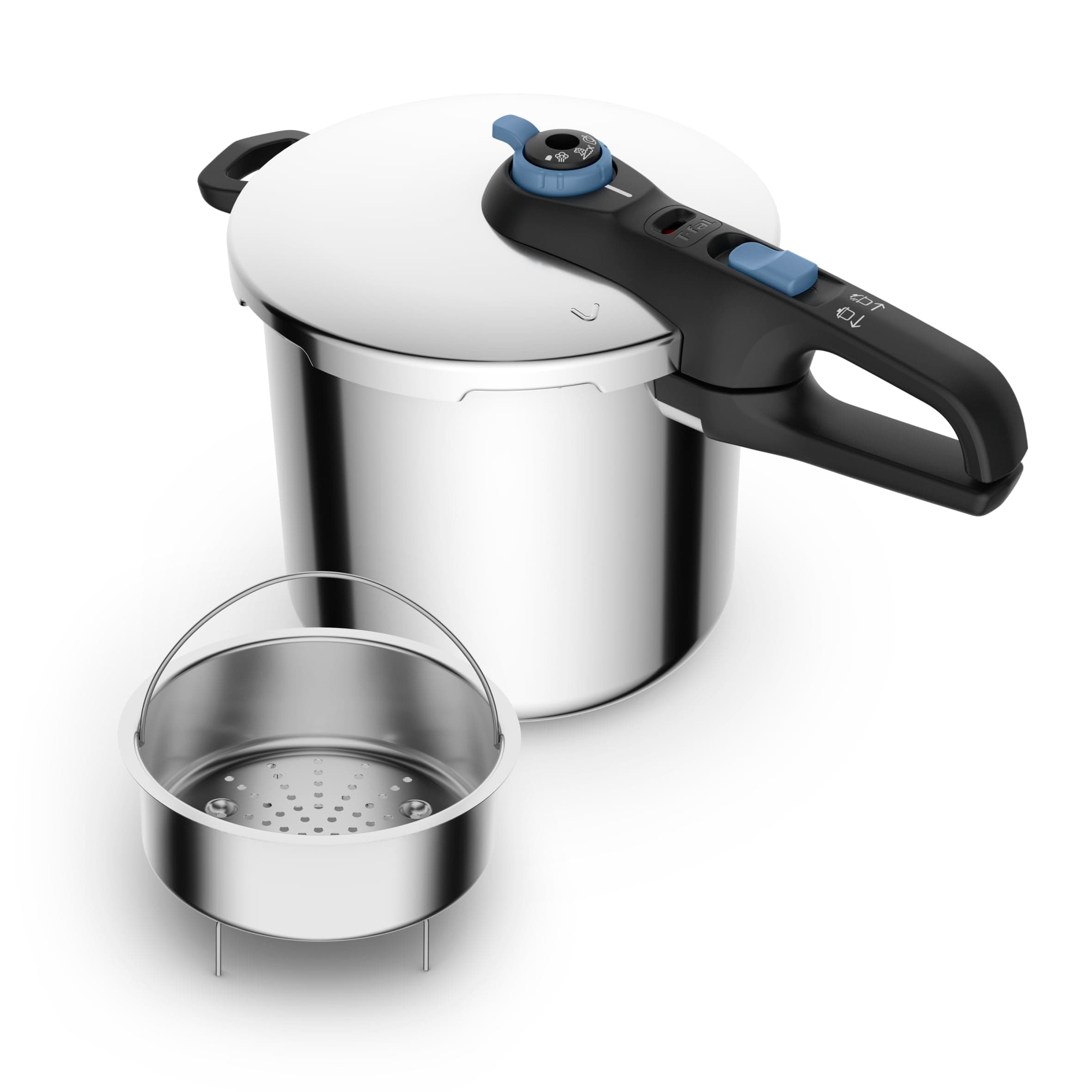 T-Fal Secure Trendy Stainless Steel Pressure Cooker, 8.5 Quart, Steam Basket, Induction, Secure Locking System, Easy and Safe Opening, Compatible with All Cooktops, Dishwasher Safe, Silver