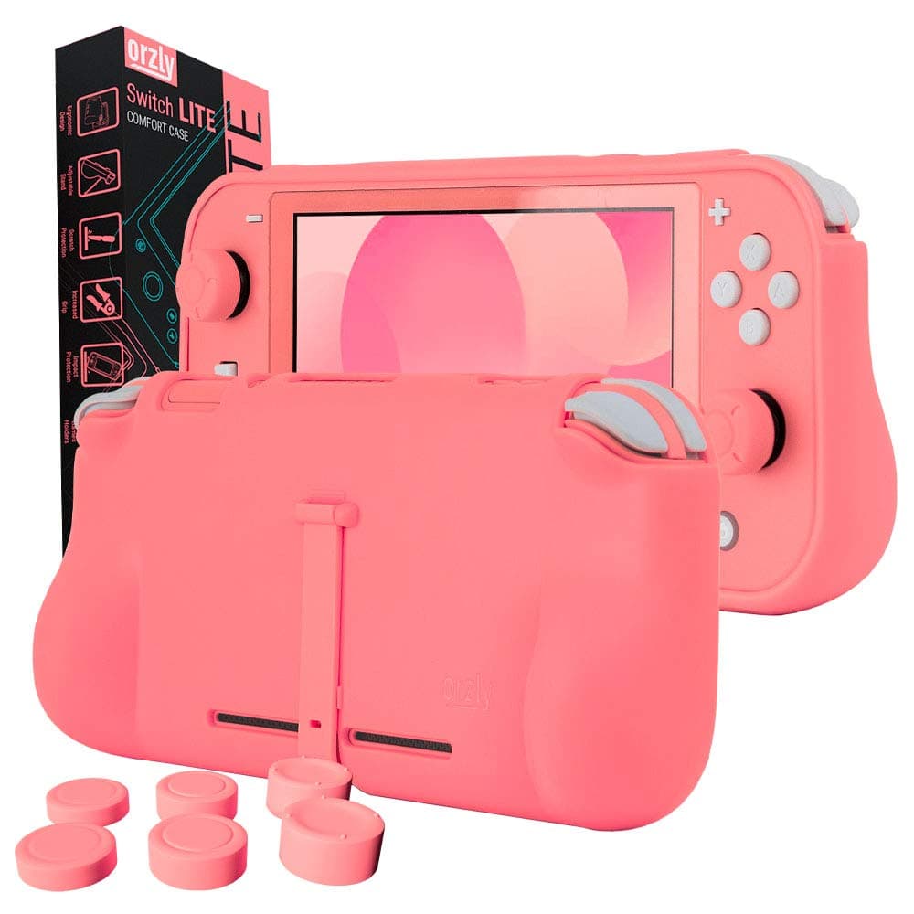 Grip Case Compatible for use with Nintendo Switch Lite – Case with Comfort Padded Hand Grips, Kickstand, & Pack of Thumb Grips - Coral