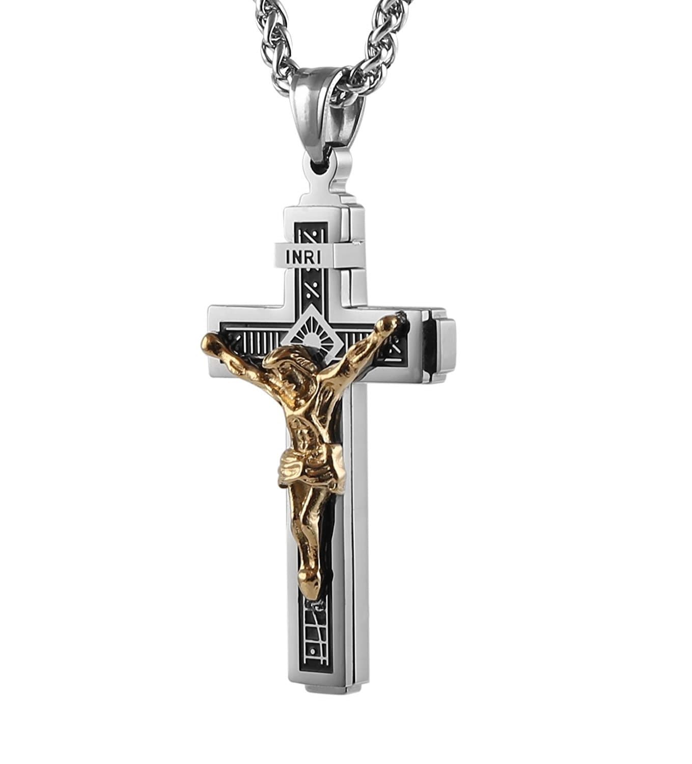 HZMAN Catholic Jesus Christ on INRI Cross Crucifix Gold Silver Tone stainless steel Pendant Necklace 22+2 Chain